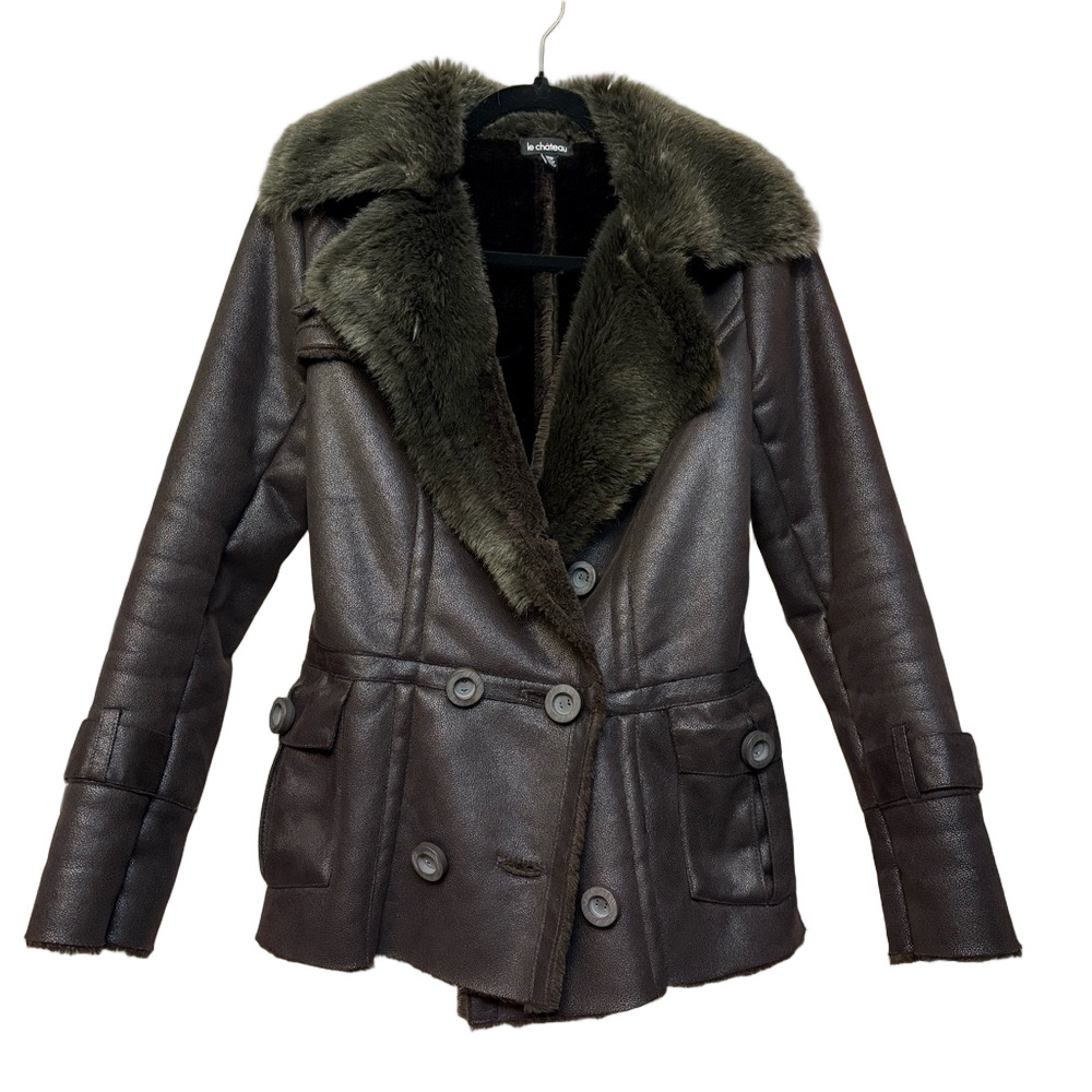 Le Chateau Dark Brown Faux Shearling Double-Breasted Jacket
